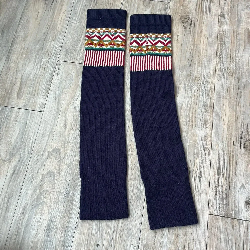 Vintage Arm Warmers Knit Nordic Navy Red Winter Christmas Holiday